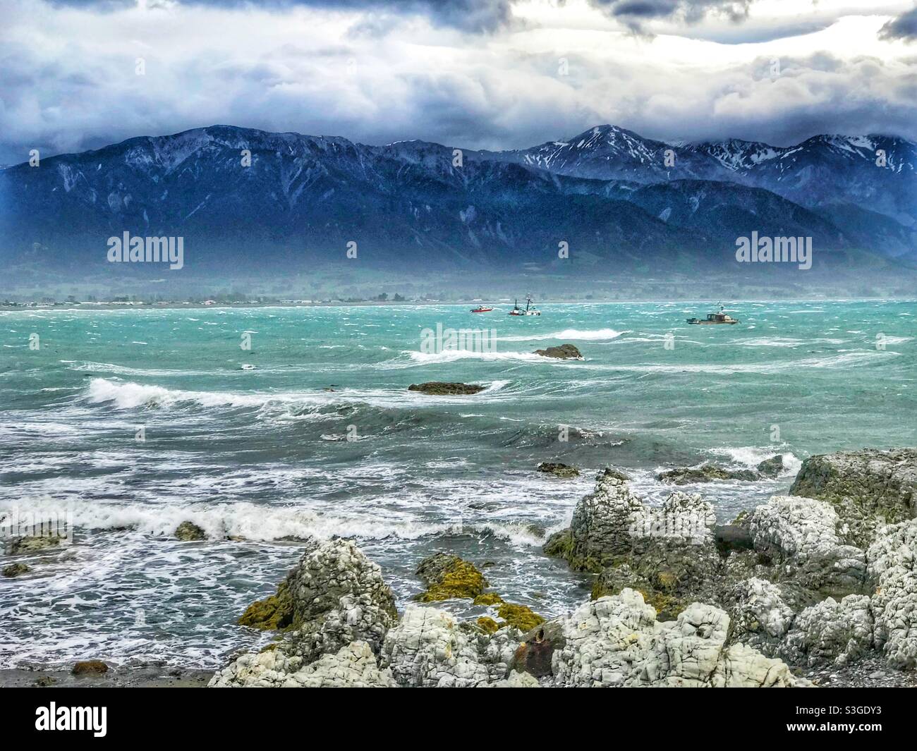 View across the bay from Kaikoura on New Zealand’s South Island - Smartphone Captured Stock Image