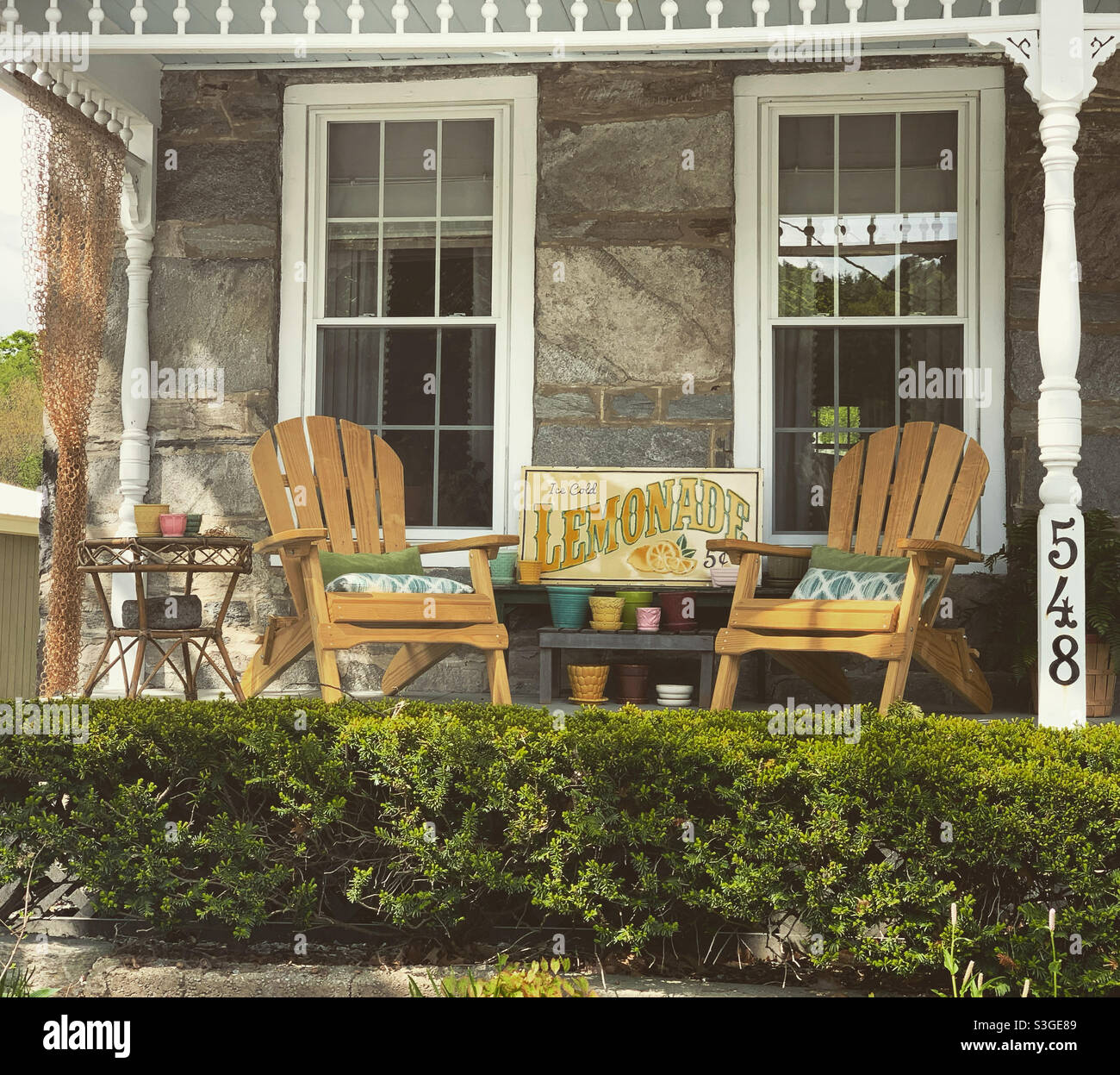 May, 2021, front porch, stone house, Chester, Windsor County, Vermont, United States Stock Photo