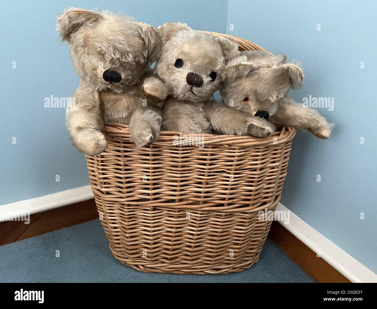 Three bears in a wicker basket Stock Photo Alamy