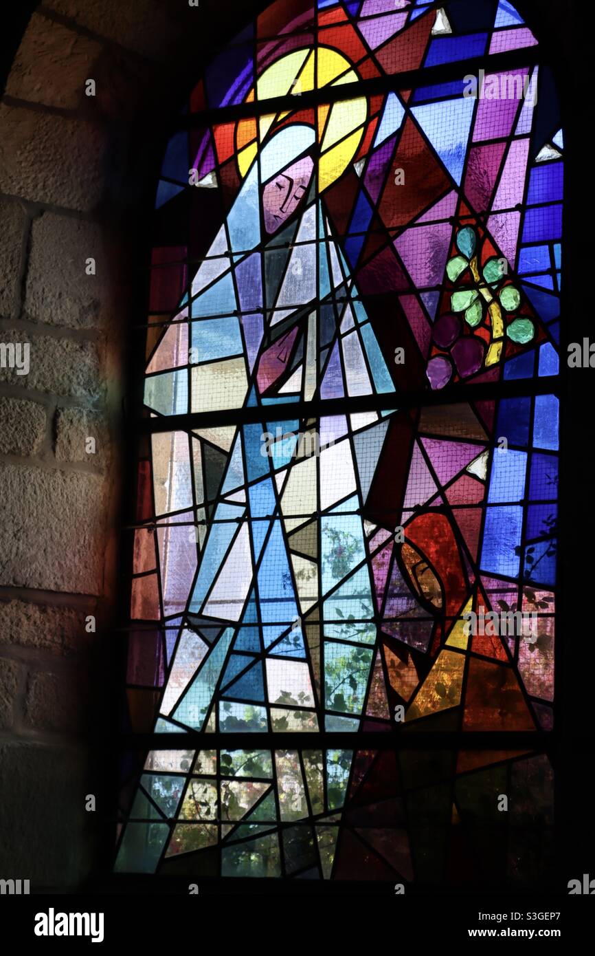 Stained glass windows in the church of Houat in Brittany, Morbihan, France - Smartphone Captured Stock Image