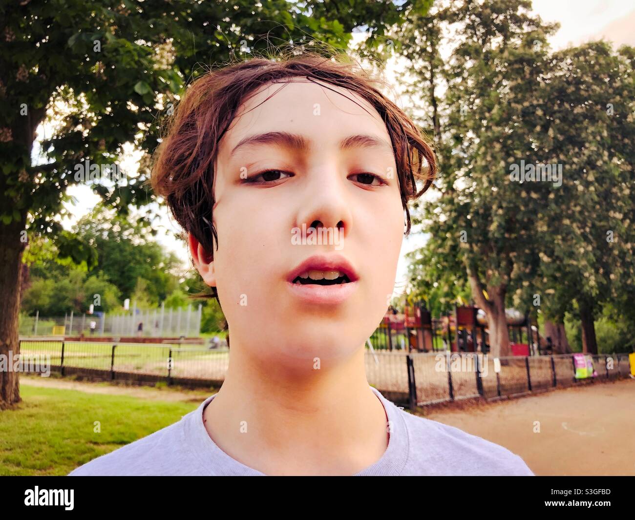 Hot and tired looking boy in the park. Stock Photo