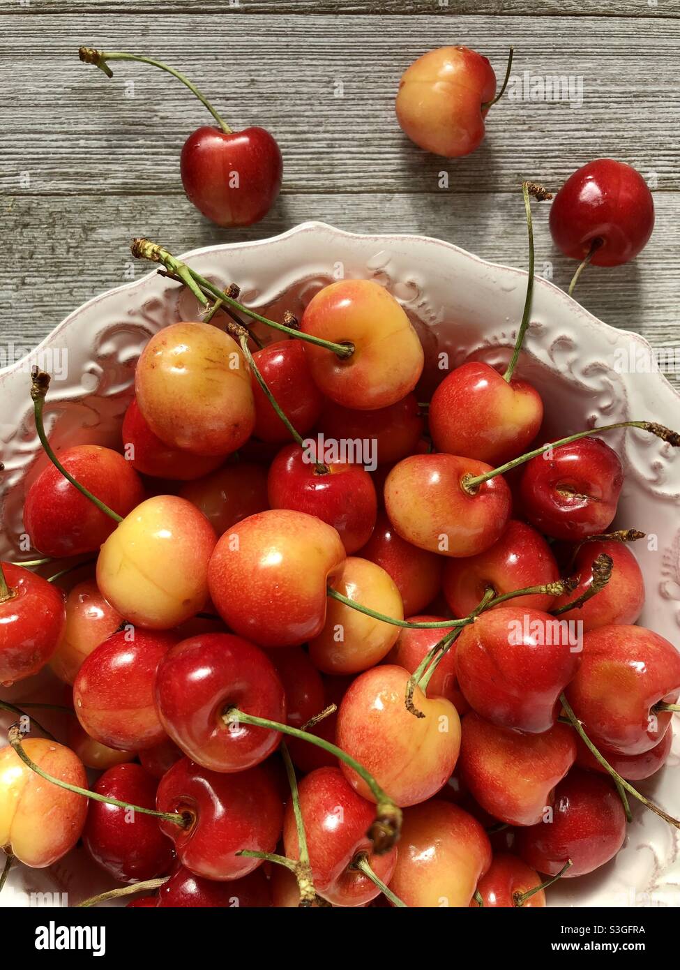 Top view of a bowl of rainier cherries Stock Photo
