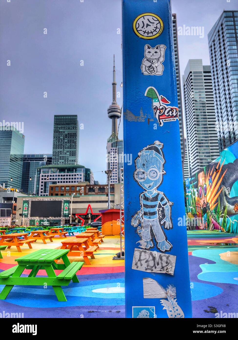 An outdoor patio in downtown Toronto, Canada, among skyscrapers Stock