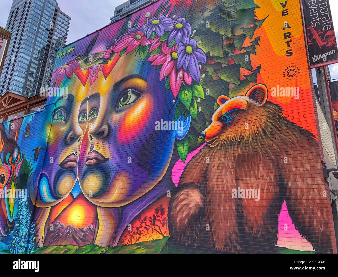 A multi coloured urban street mural in downtown Toronto, Canada. - Smartphone Captured Stock Image