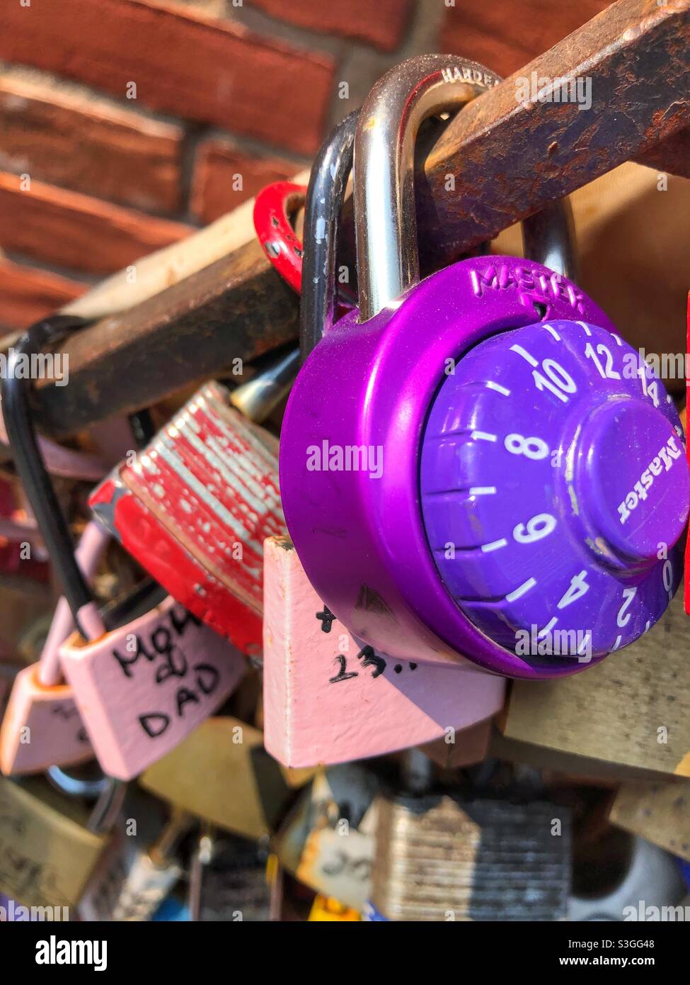 A row of hanging love locks. - Smartphone Captured Stock Image