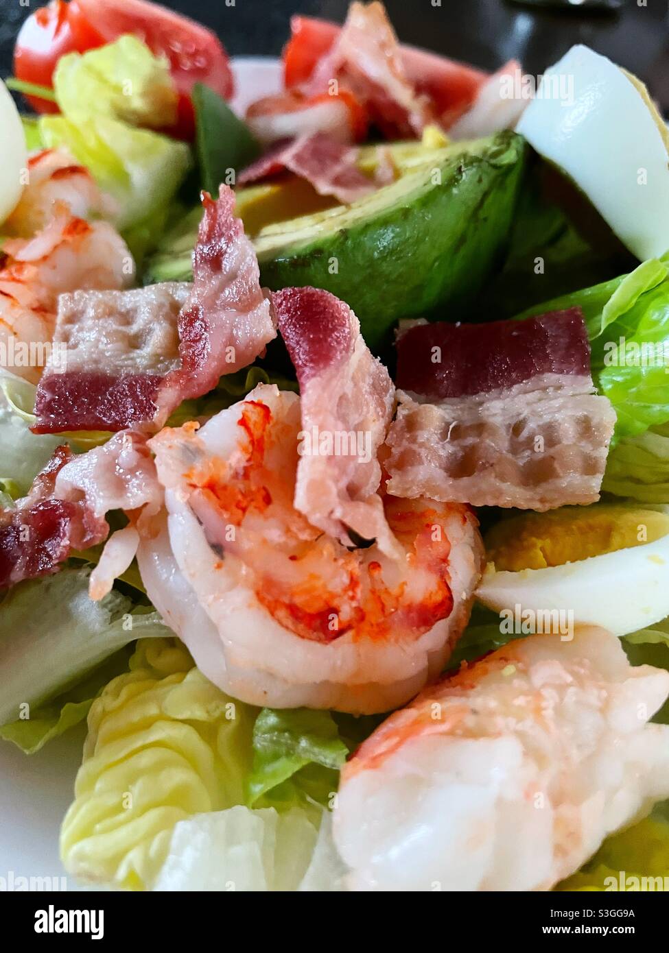 Close up of a freshly made Cobb salad featuring shrimp, avocado, bacon and sliced hard-boiled eggs on a lettuce bed - Smartphone Captured Stock Image