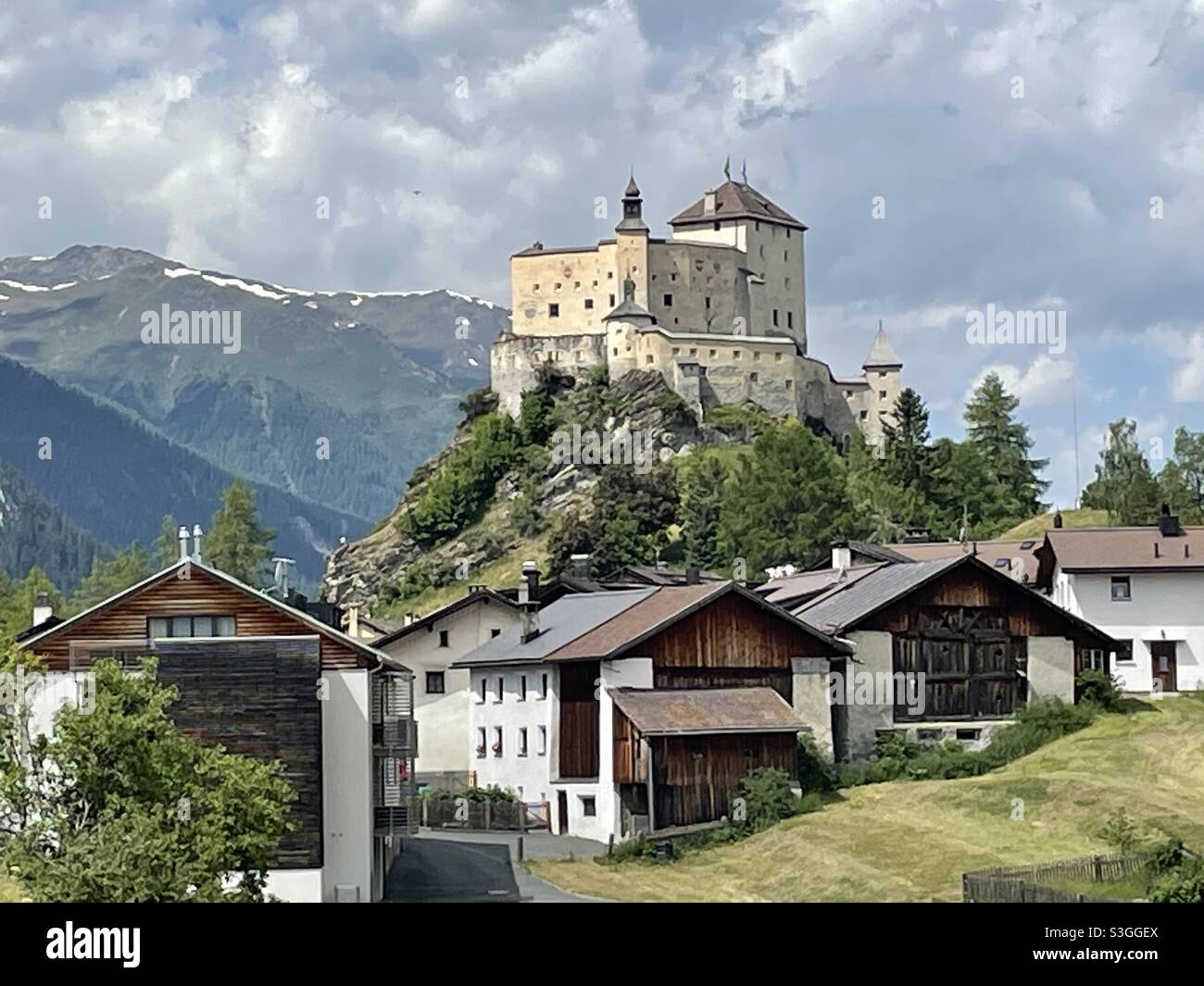 Castle and town Tarasp, Engadin, Switzerland Stock Photo