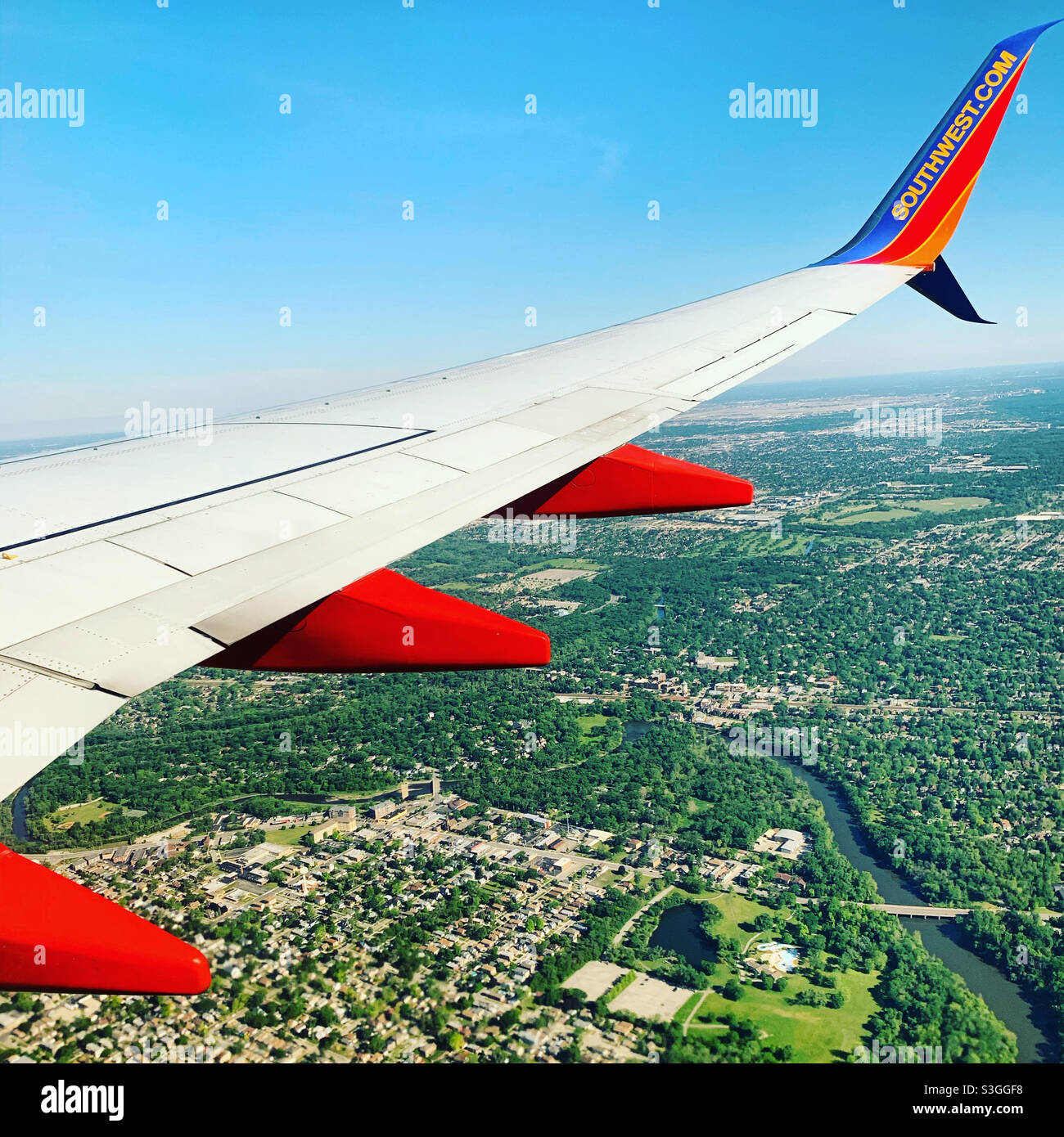 May, 2021, the wing of a Southwest airplane, near Chicago Midway Airport, Illinois, United States - Smartphone Captured Stock Image