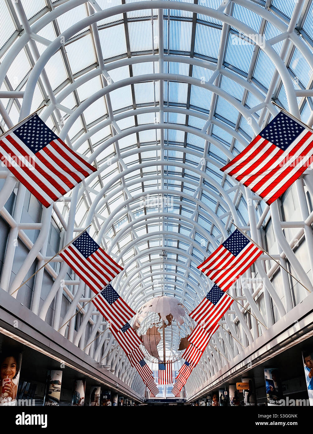 American flags in terminal 3 at O’hare airport - Smartphone Captured Stock Image