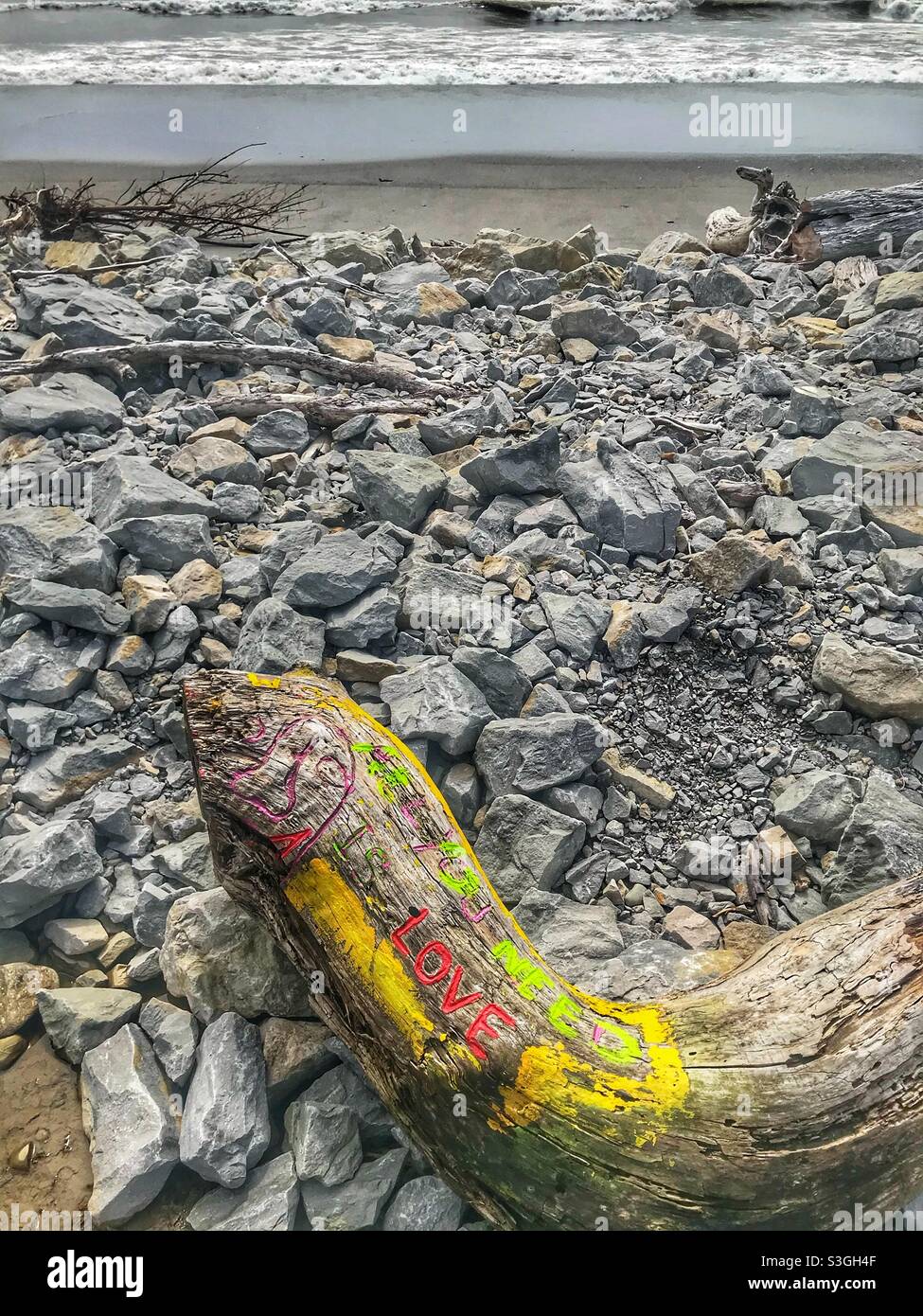 Decorated driftwood on the beach in Hokitika, South Island, New Zealand - Smartphone Captured Stock Image