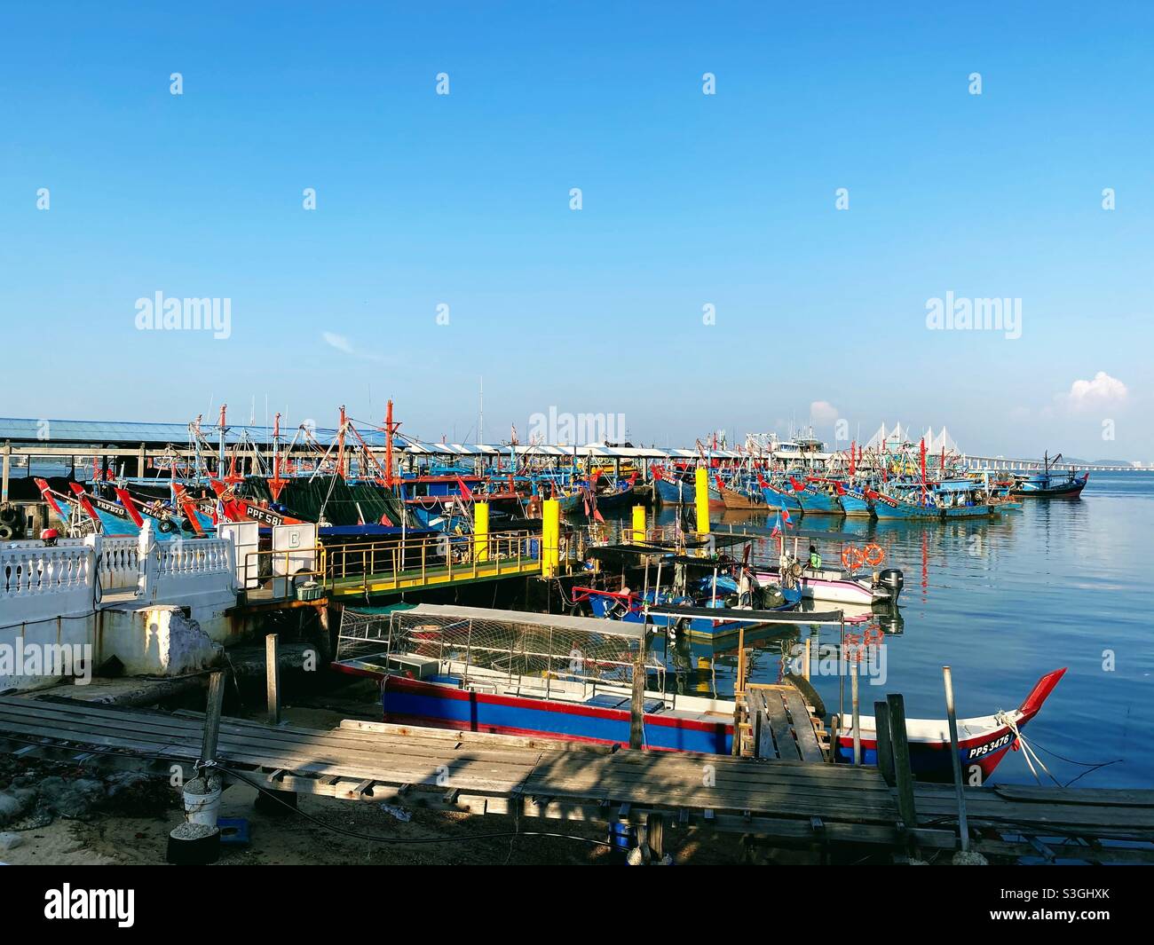 Fishing boats at fishing village in Penang Island, Malaysia Stock Photo