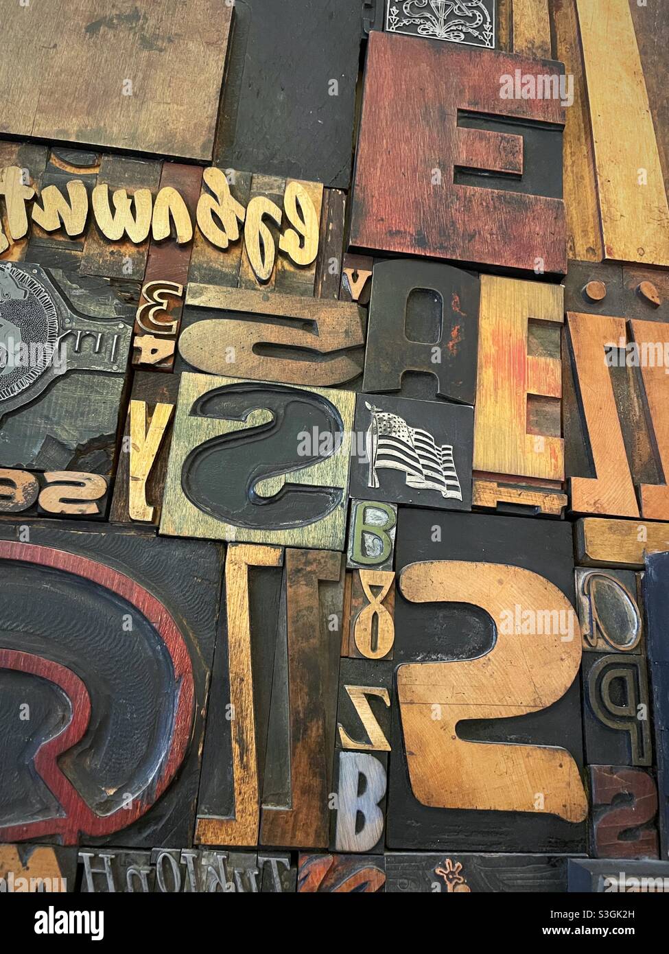 Printing blocks on display, USA - Smartphone Captured Stock Image