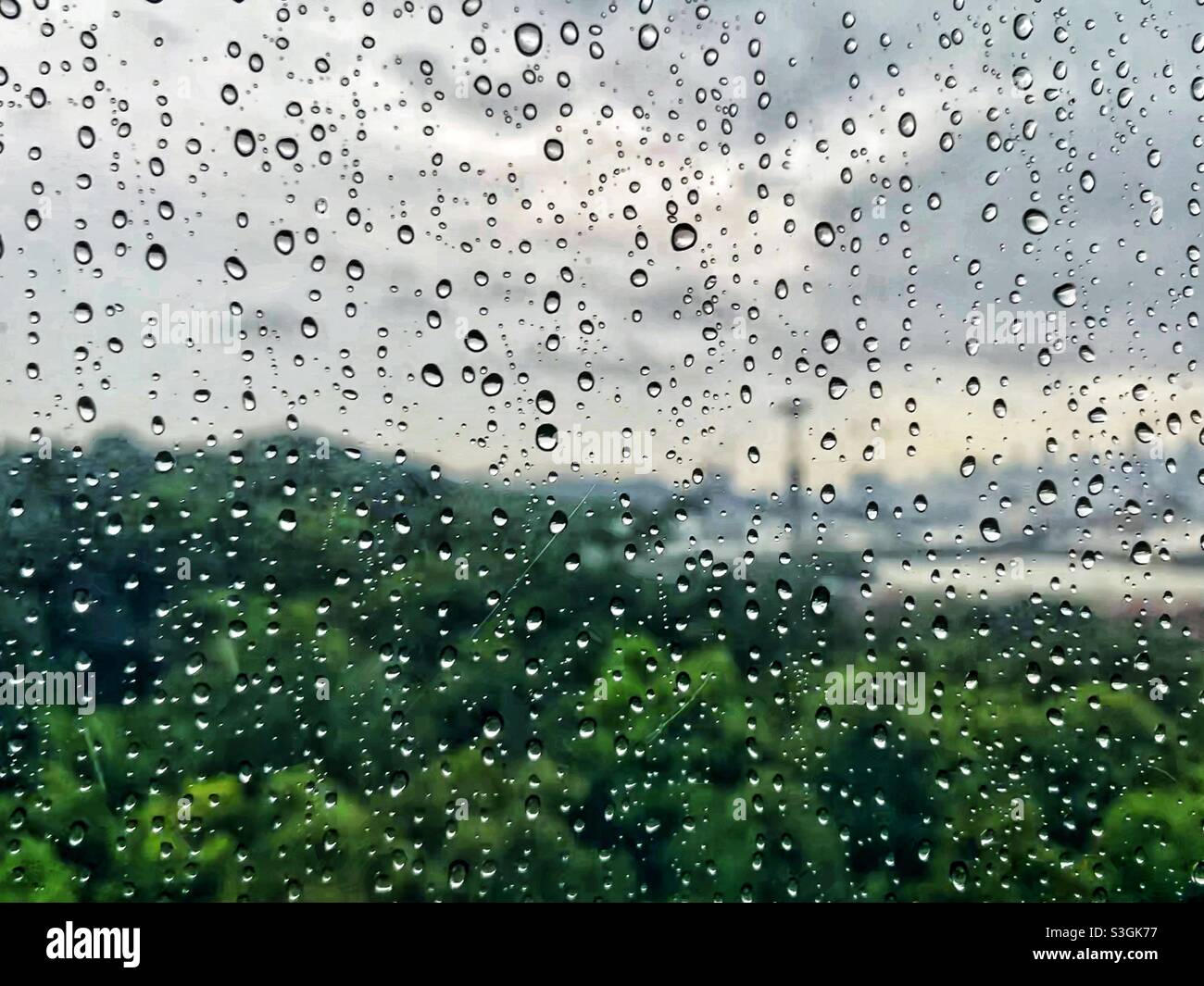 Rain drops on the cable car window Stock Photo