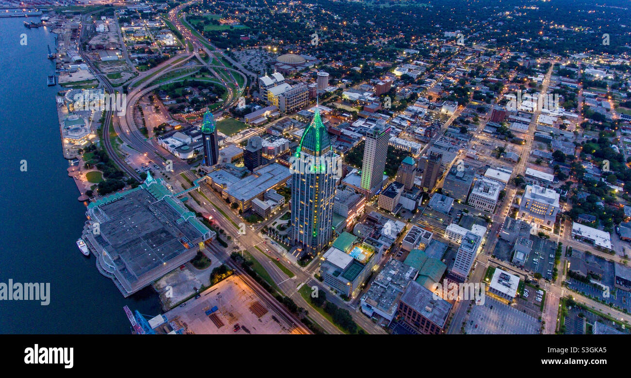 Downtown Mobile, Alabama waterfront at sunset - Smartphone Captured Stock Image