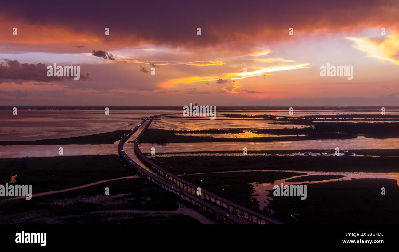 Aerial view of Mobile Bay at sunset - Smartphone Captured Stock Image