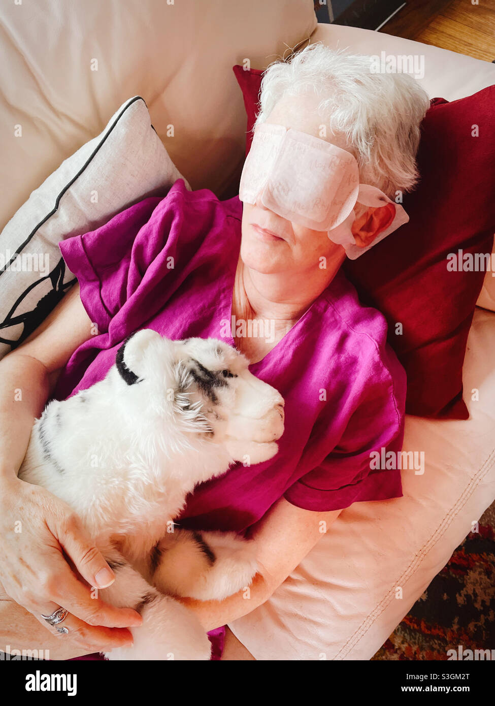 Senior Woman resting with an eye mask and her stuffed comfort animal, USA - Smartphone Captured Stock Image