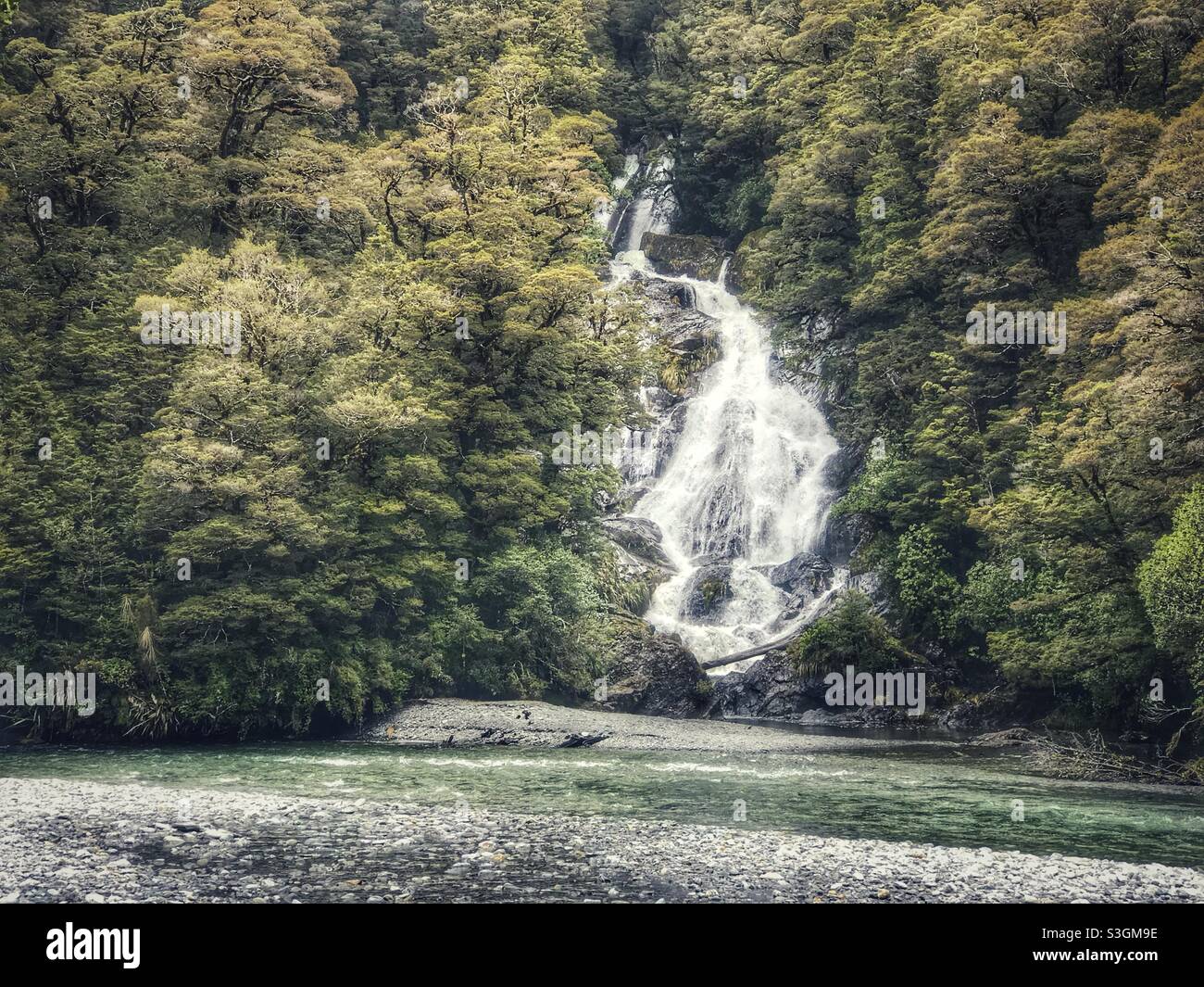 Waterfall on the Haast River, South Island, New Zealand Stock Photo