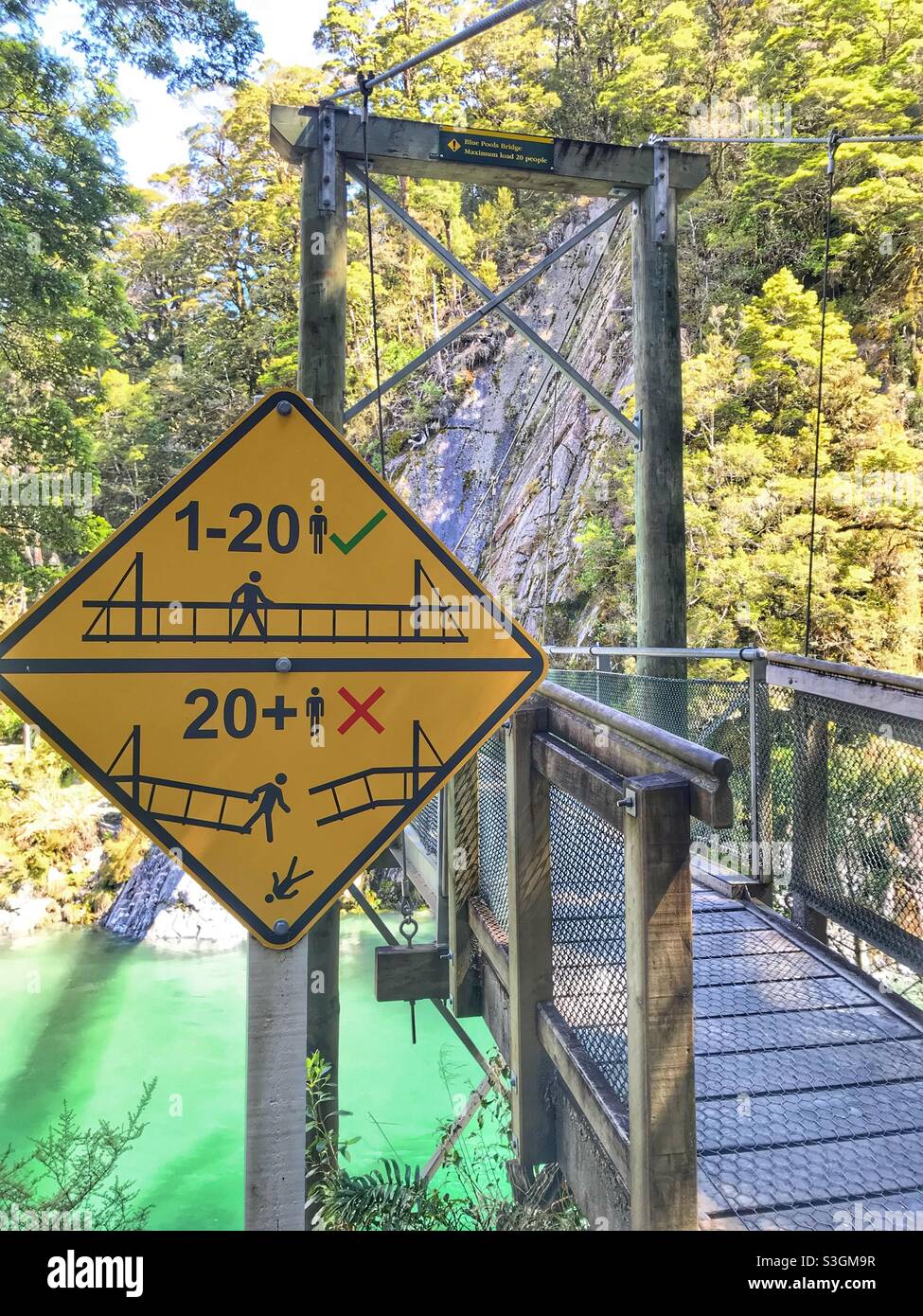 Warning sign at Blue Pools, Otago, South Island, New Zealand - Smartphone Captured Stock Image