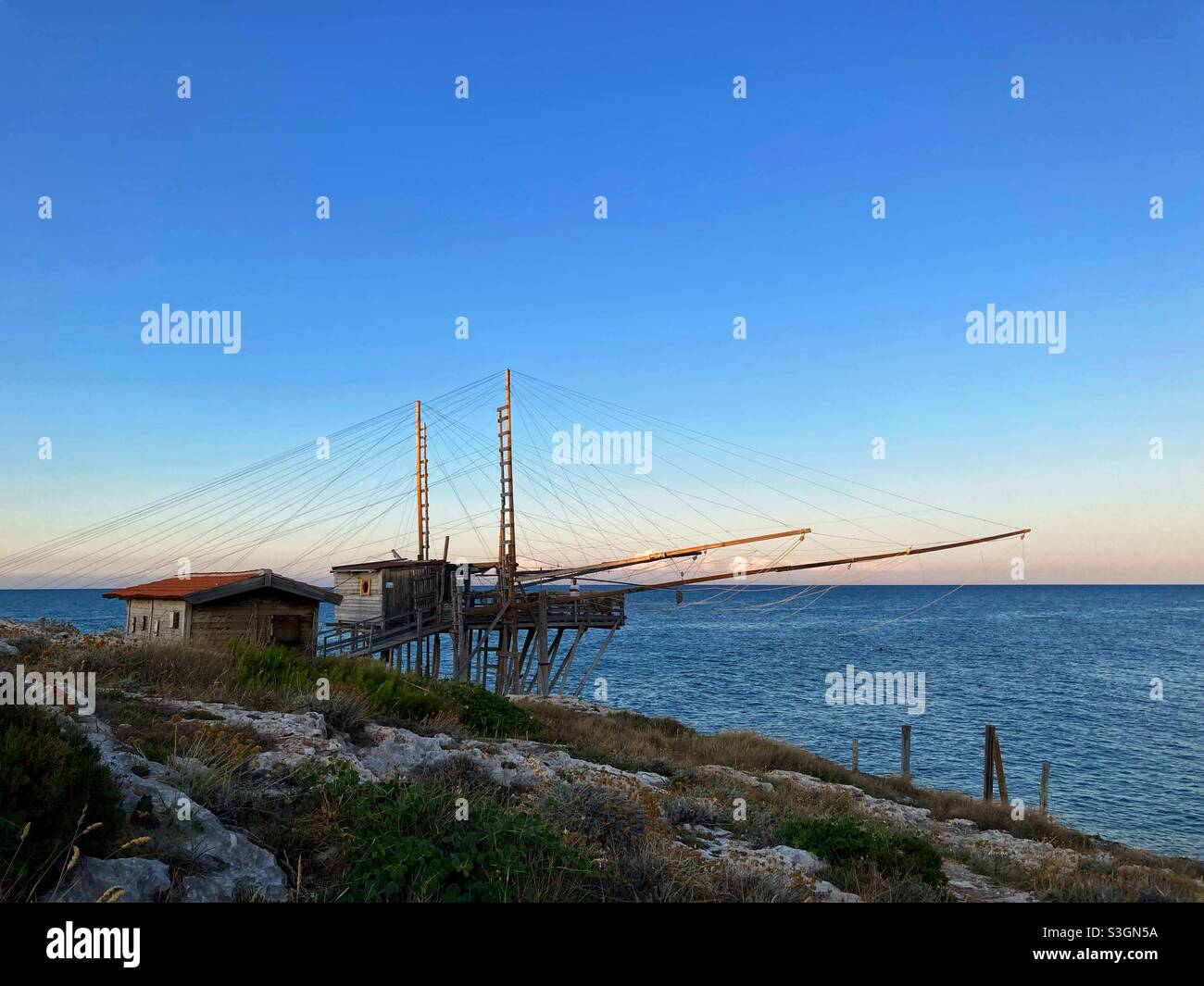 Traditional Trabucco on the Coast near the Apulian town Vieste, Gargano, Puglia, Italy - Smartphone Captured Stock Image