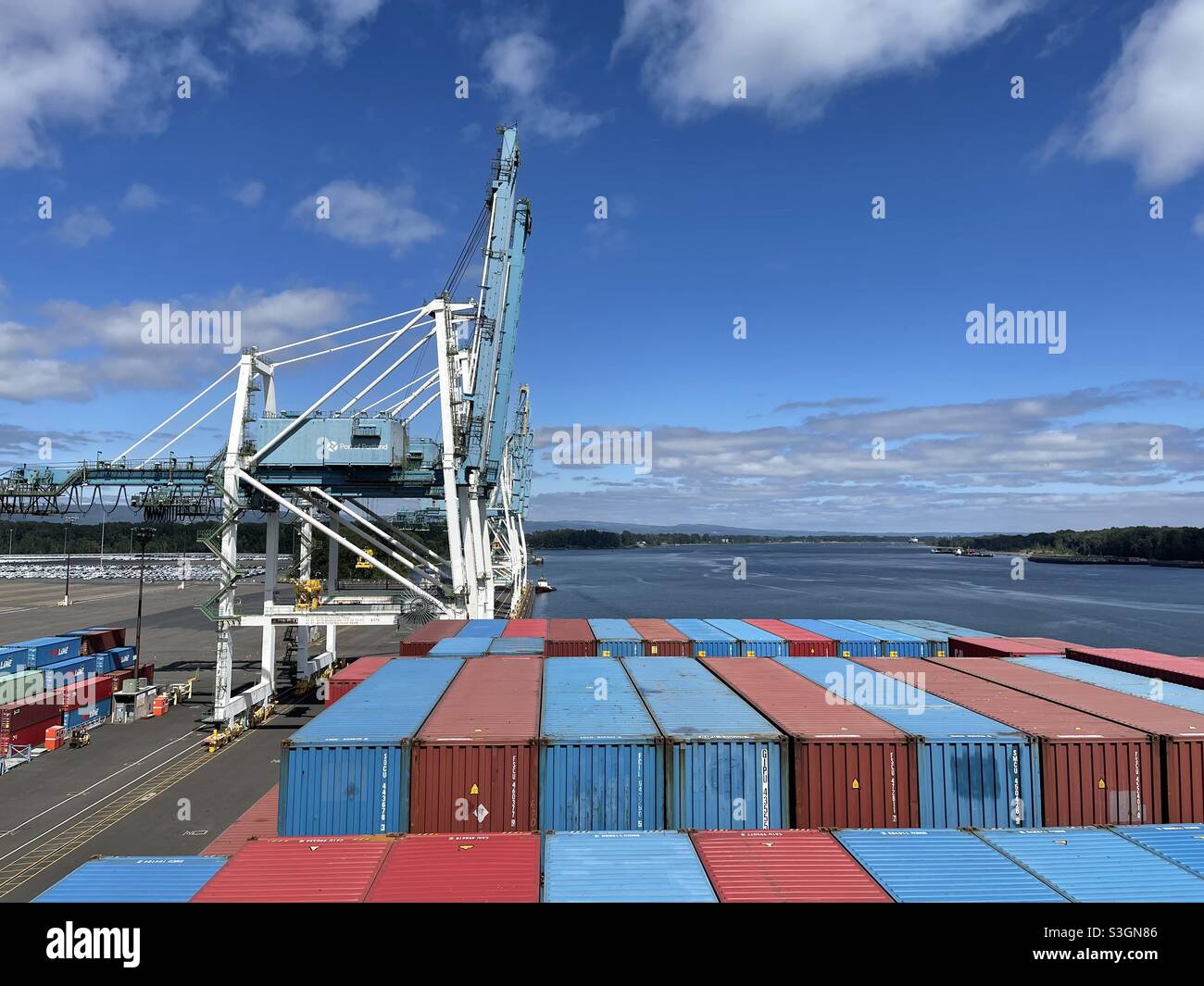 View from the bridge of container vessel on the aft part with loaded