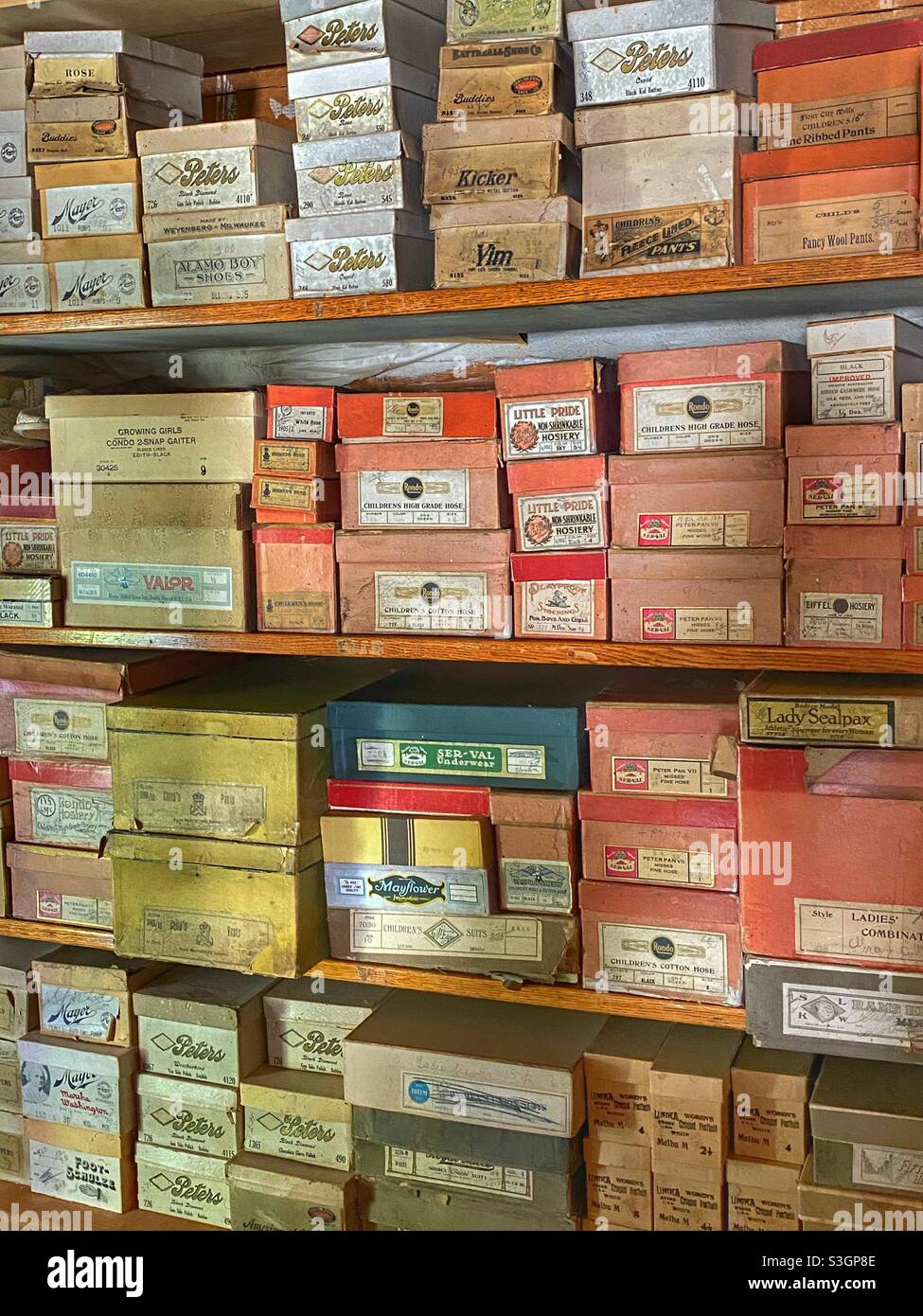 Old boxes of goods from a dry goods store from the wild wild West Stock Photo