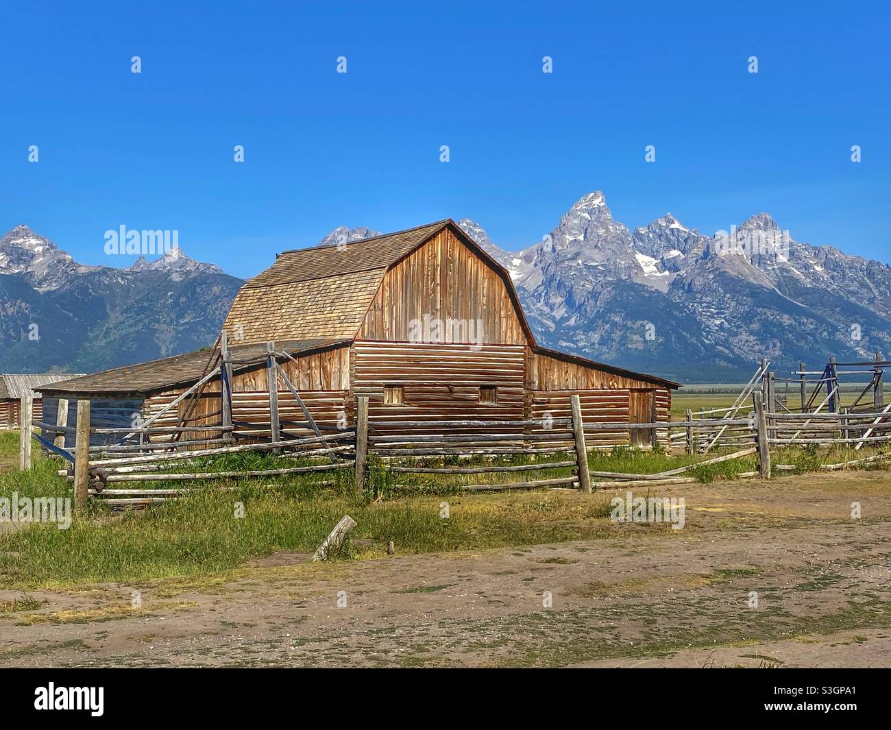 Barn at the Mormons row in Teton National Park, Wyoming Stock Photo