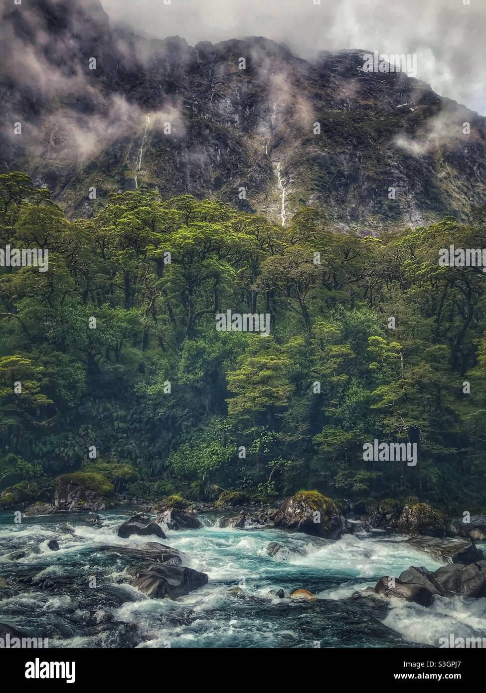 Misty mountain, waterfalls and blue alpine stream in Fiordland National Park, South Island, New Zealand - Smartphone Captured Stock Image Misty mountain, waterfalls and blue alpine stream in Fiordland National Park, South Island, New Zealand - Smartphone Captured Stock Image