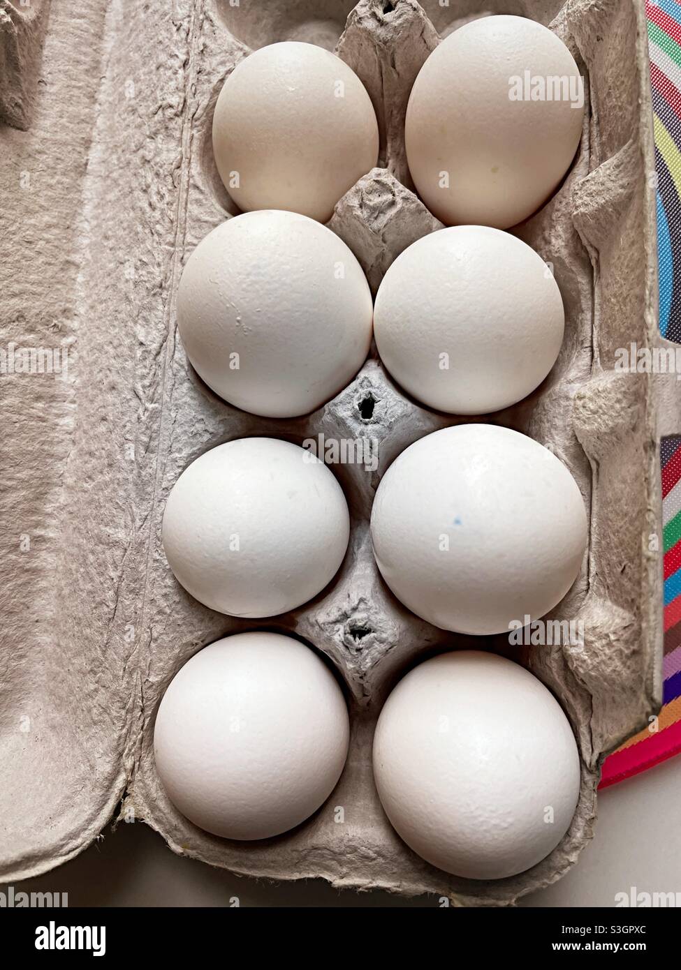 Close up of a carton of miss sized eggs, USA - Smartphone Captured Stock Image