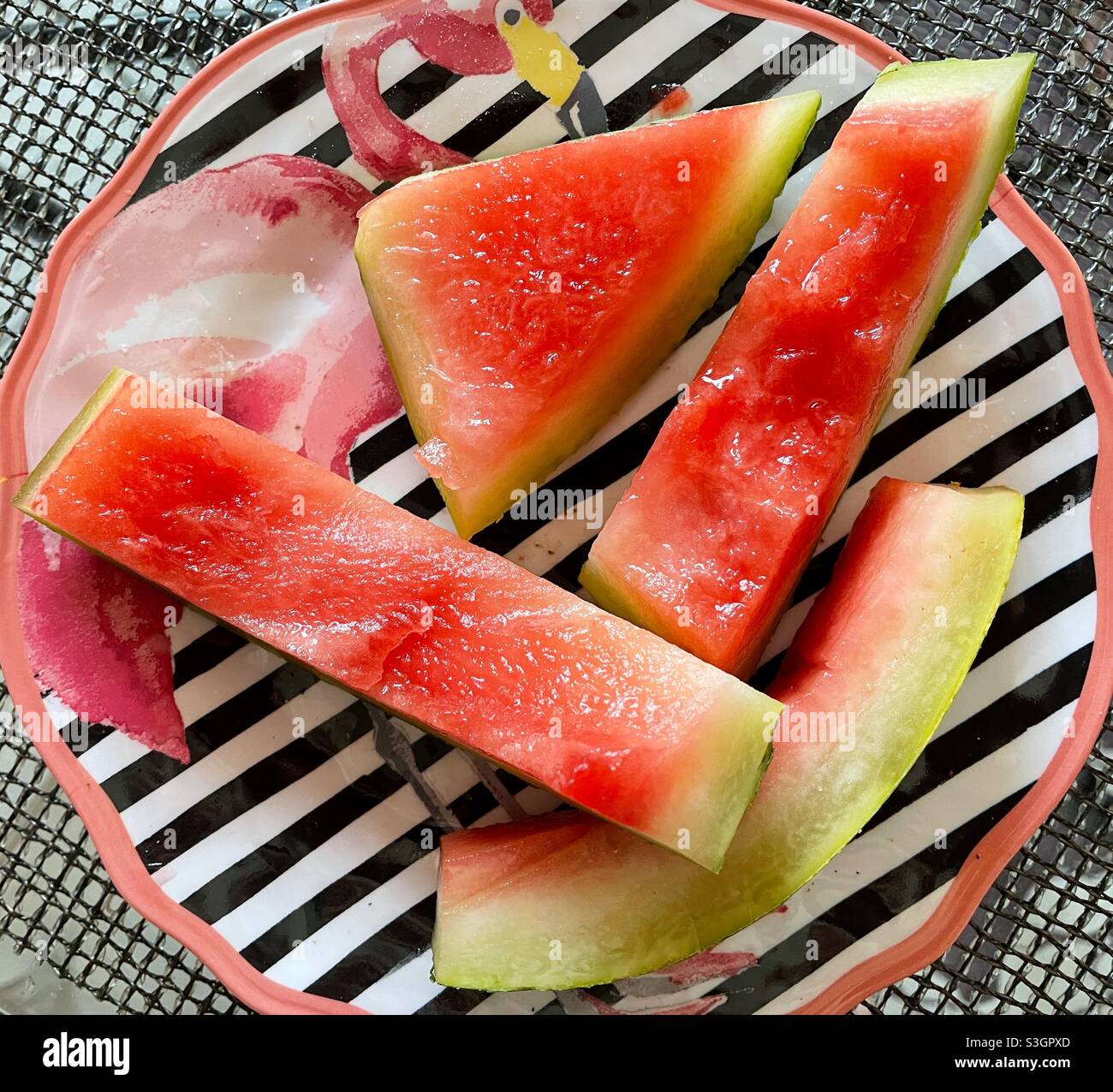 Watermelon rinds on a festive pink flamingo striped plate, summertime, USA - Smartphone Captured Stock Image