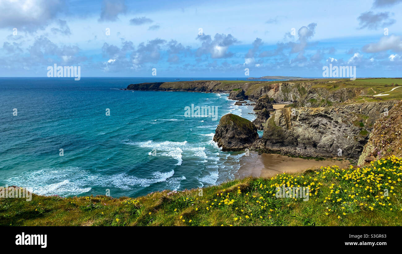 Bedruthan Steps Beach, Cornwall in summer sunshine. A mobile phone photo with some phone or tablet post processing. - Smartphone Captured Stock Image