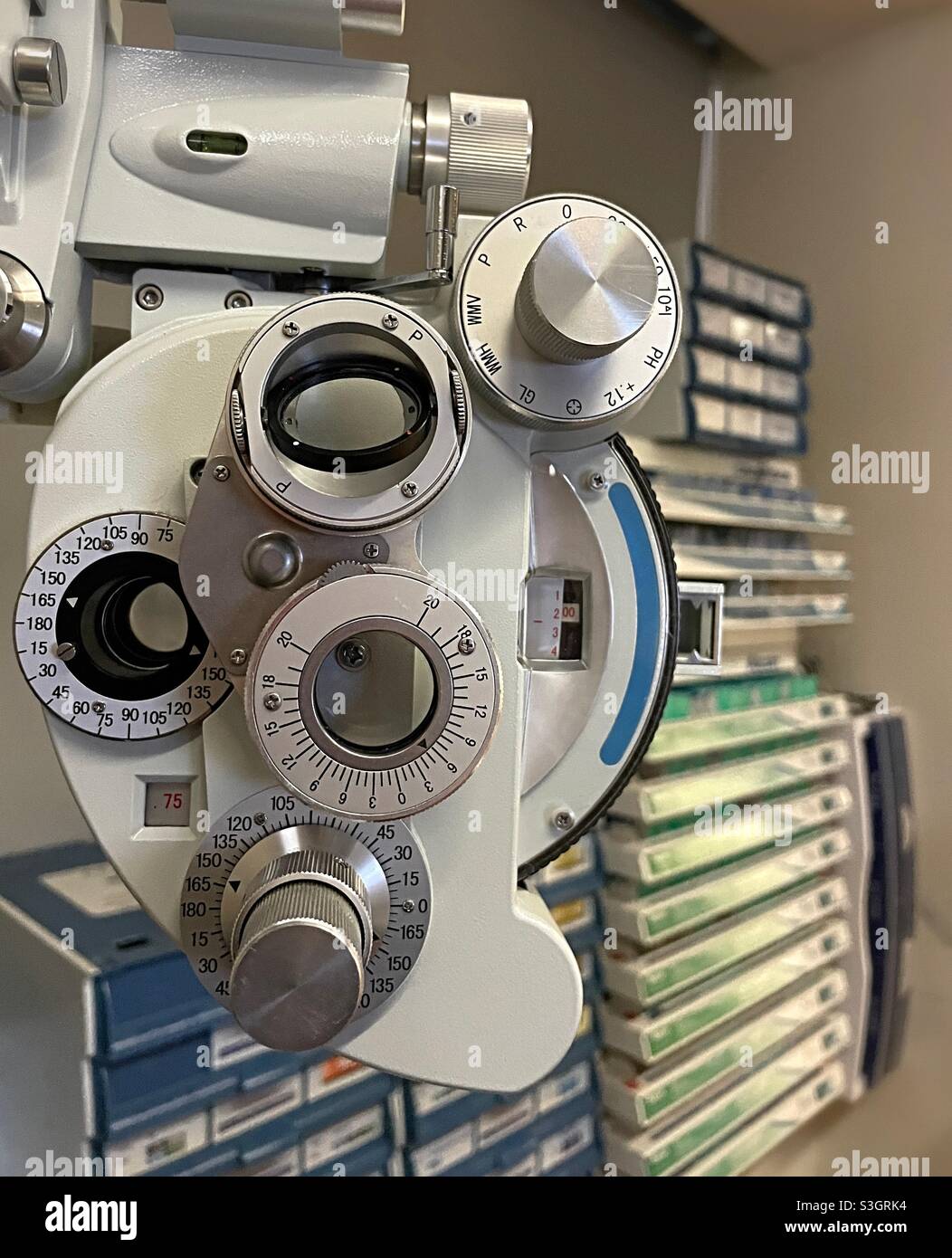 Technology has advanced where a machine called Phoropter refraction device is used to measure eyesight acuity, USA - Smartphone Captured Stock Image