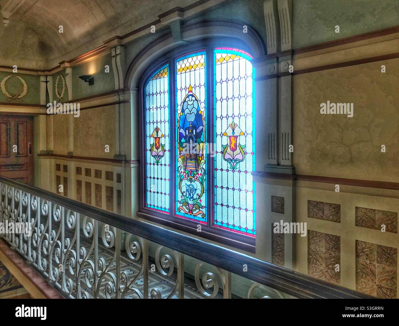 Stained glass window at the train station in Dunedin, Otago region, South Island, New Zealand Stock Photo