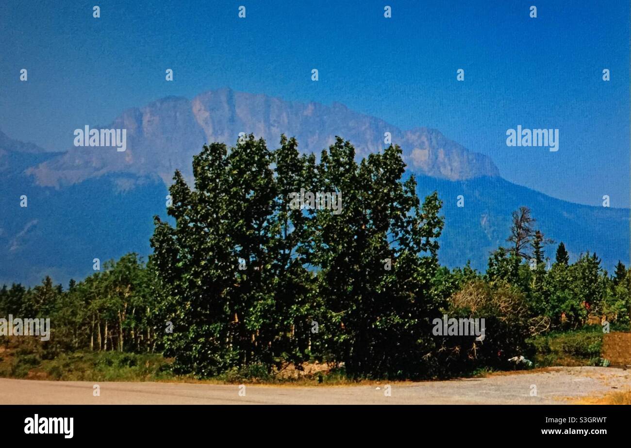 Smoky day, in the mountains, Kananaskis  country,  Smoke from,British Columbia, forest fires. - Smartphone Captured Stock Image