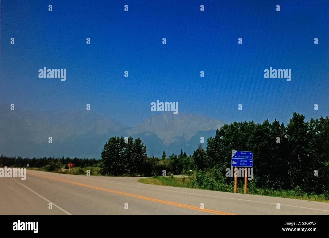 Smoky day, in the mountains, Kananaskis  country,  Smoke from,British Columbia, forest fires. - Smartphone Captured Stock Image