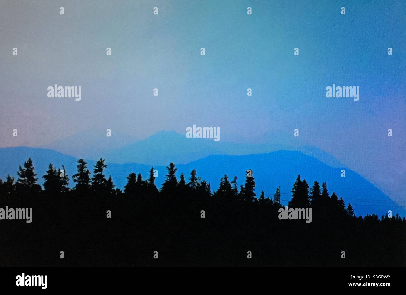 Smoky day, in the mountains, Kananaskis  country,  Smoke from,British Columbia, forest fires. - Smartphone Captured Stock Image