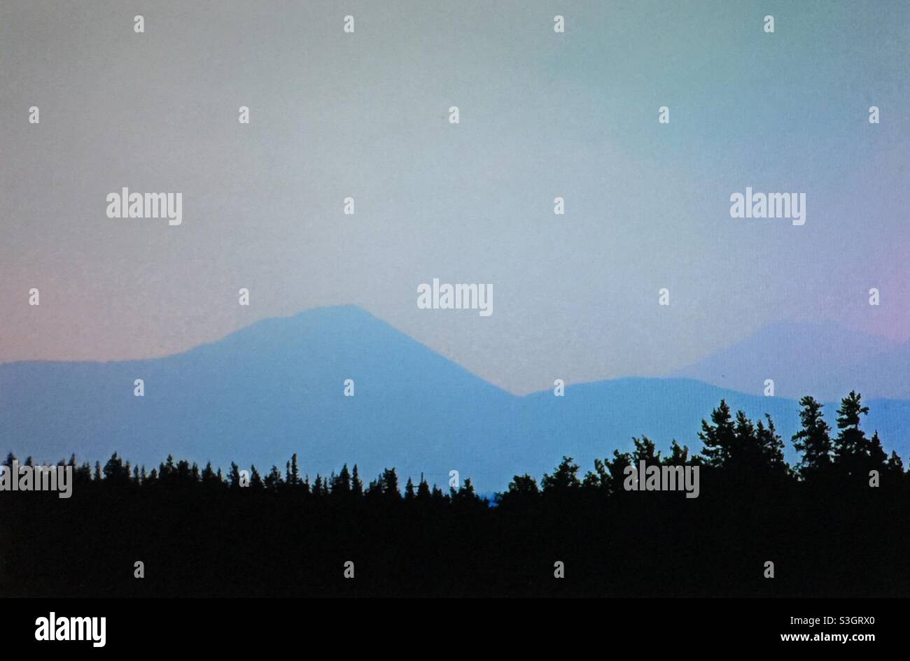 Smoky day, in the mountains, Kananaskis  country,  Smoke from,British Columbia, forest fires. - Smartphone Captured Stock Image