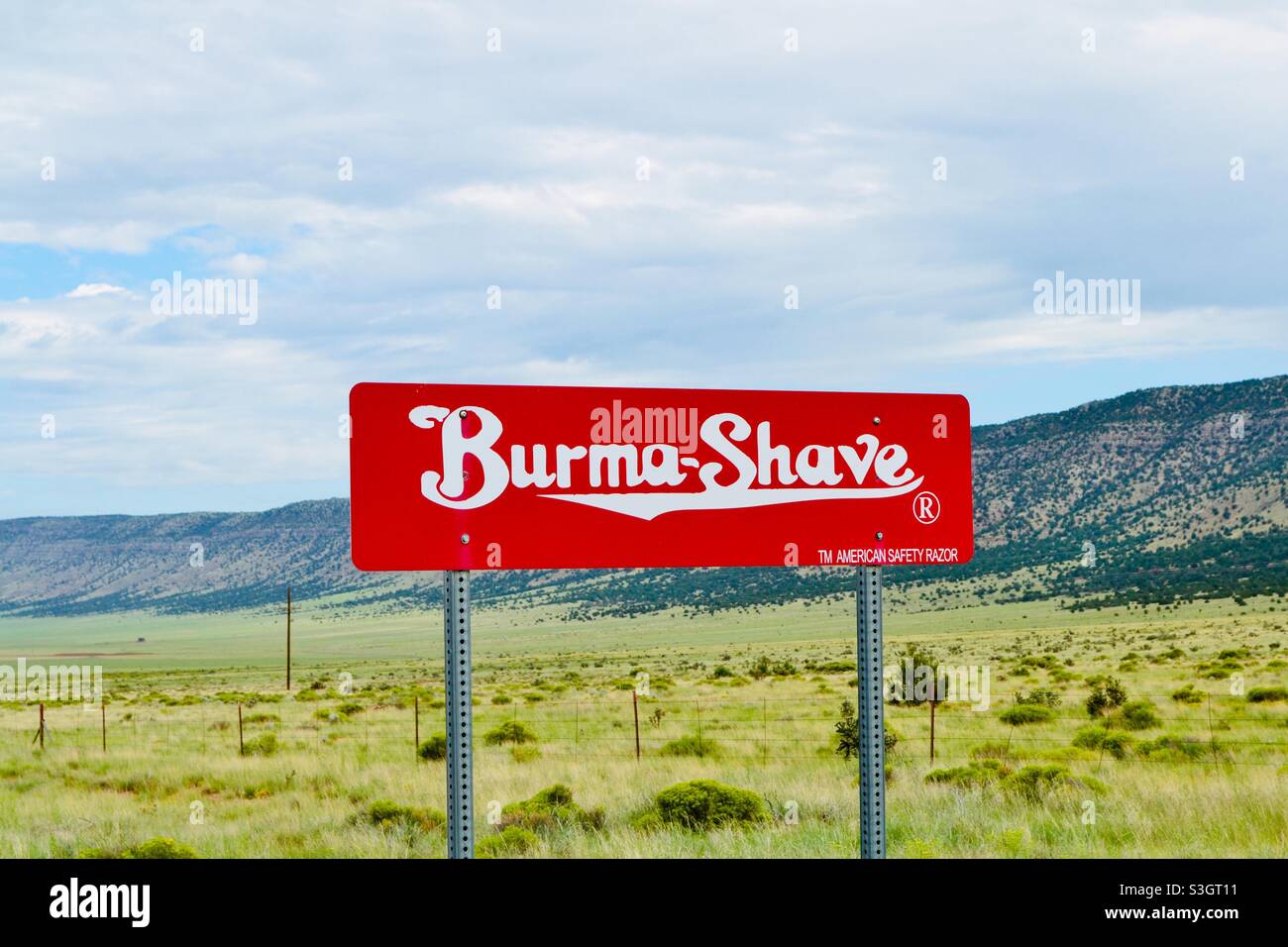 Burma shave advertising road side sign along Route 66, USA Stock Photo