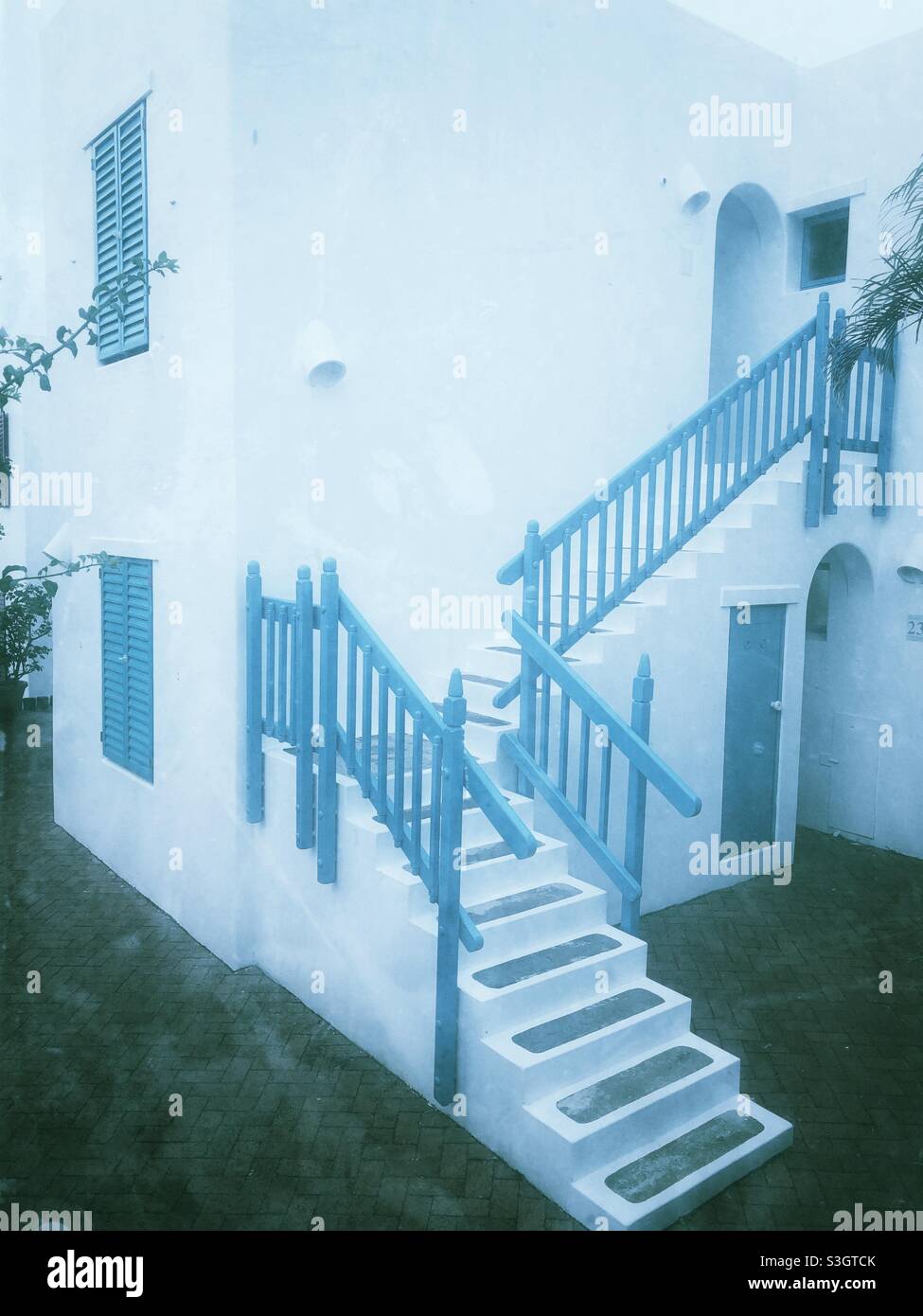 Pretty blue and white structure in a Santorini themed beach complex - Smartphone Captured Stock Image