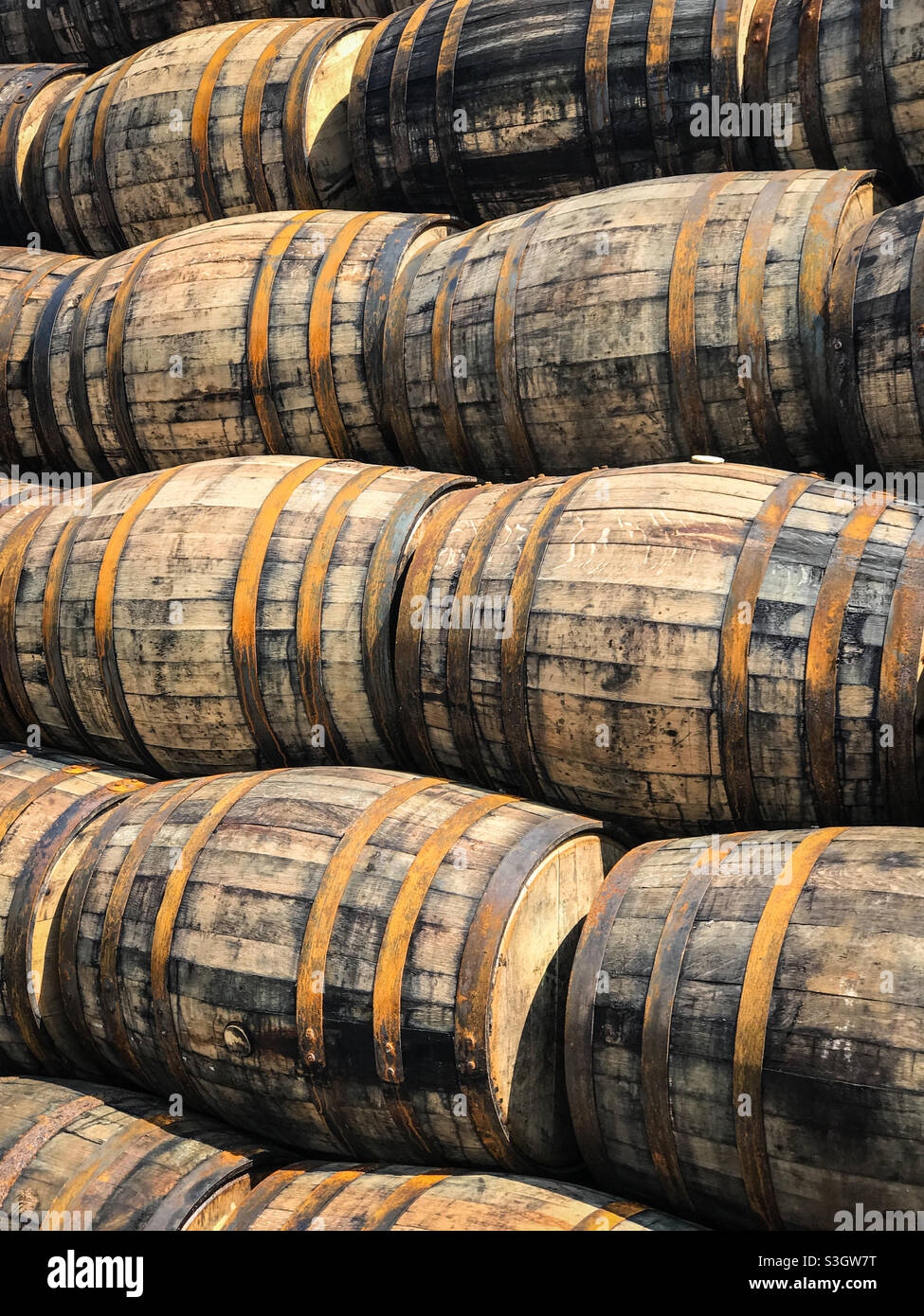 Oak whisky barrels at Bladnoch Whisky Distillery in Dumfries and Galloway in Scotland - Smartphone Captured Stock Image