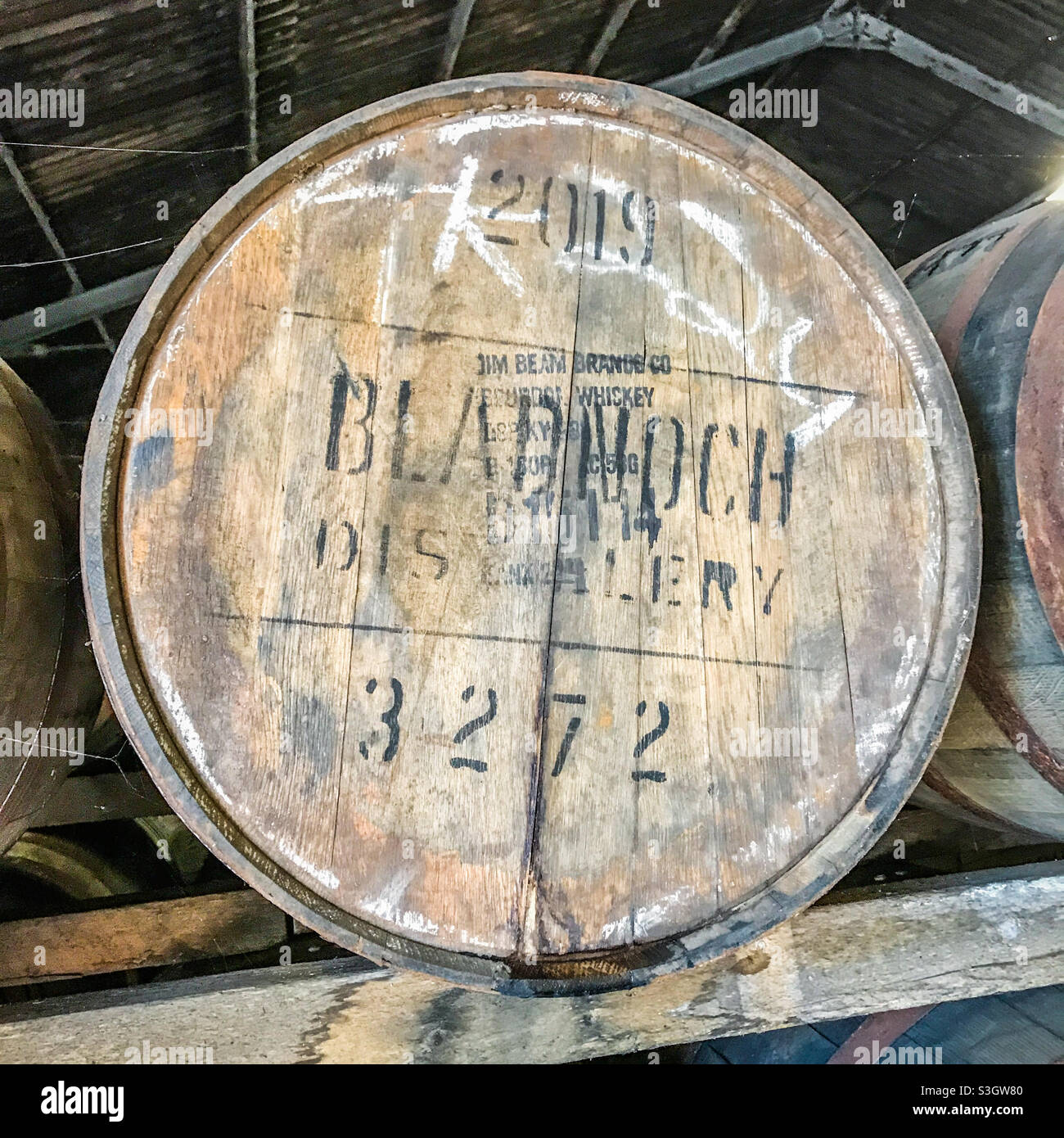 Whisky barrel at Bladnoch Whisky Distillery in Dumfries and Galloway in Scotland - Smartphone Captured Stock Image