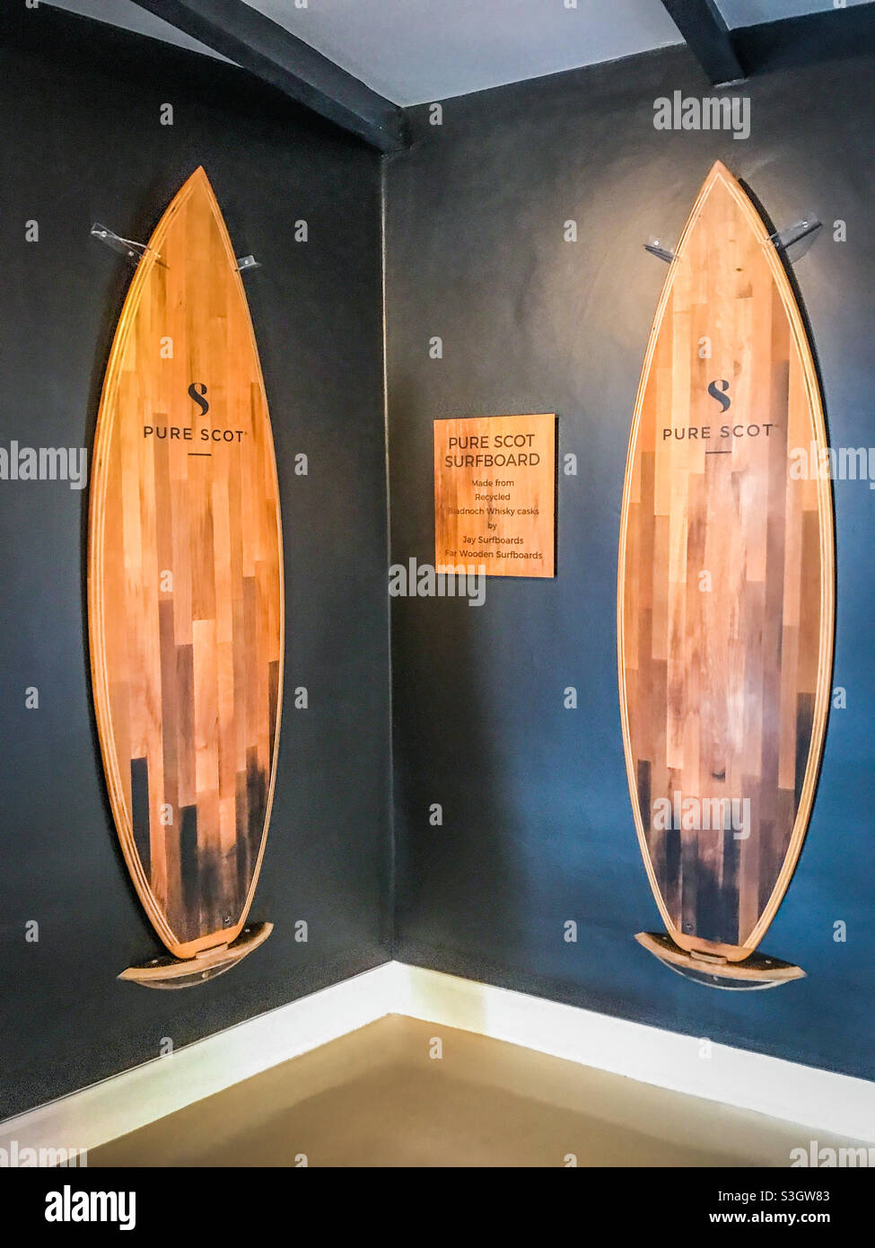 Surf boards made from recycled whisky barrel wood at Bladnoch Whisky Distillery in Dumfries and Galloway in Scotland - Smartphone Captured Stock Image