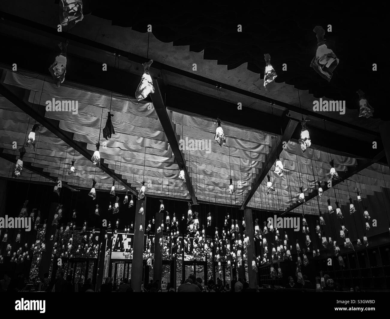 Abstract & contemporary lighting at the Bridge theatre, London - Smartphone Captured Stock Image