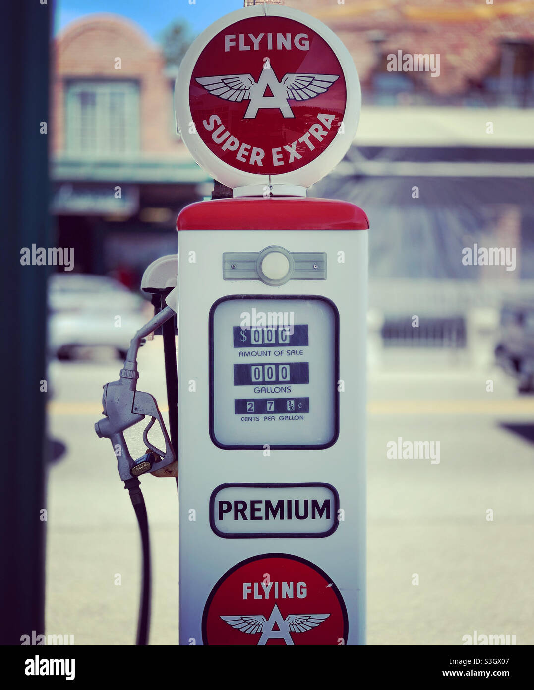 Pump, Flying A Gas Station, Truckee, Nevada County, California, United States Stock Photo