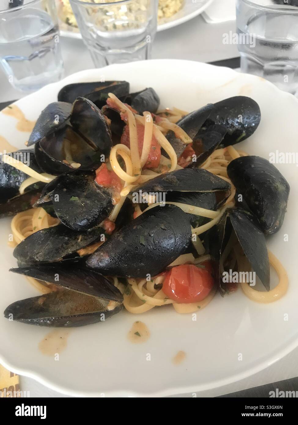 Closeup image of a plate of spaghetti pasta with mussels - Smartphone Captured Stock Image