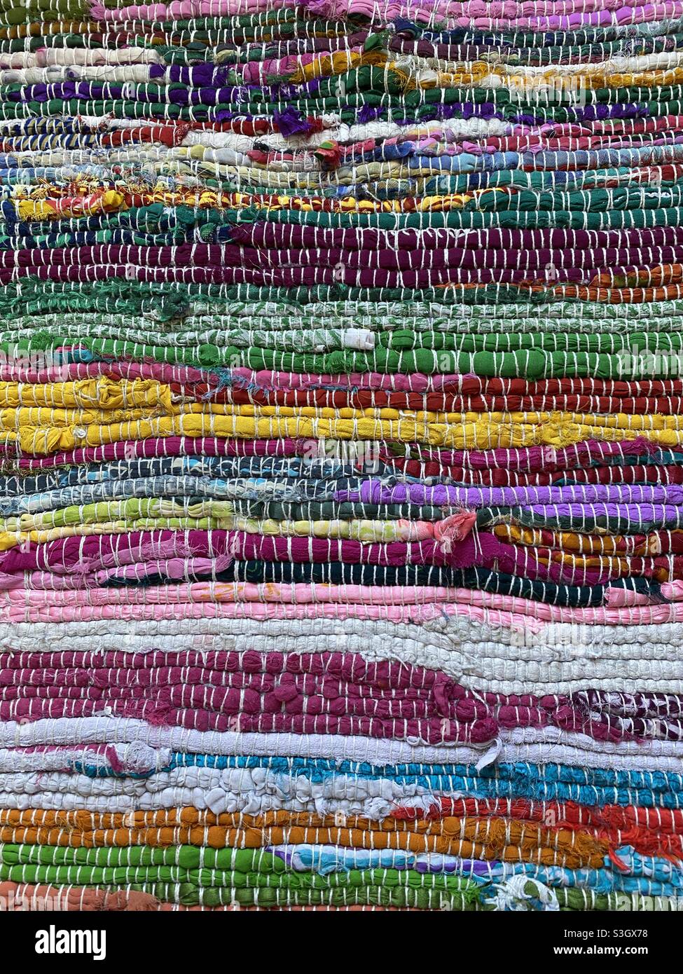Multicolored rugs made from recycled textiles Stock Photo