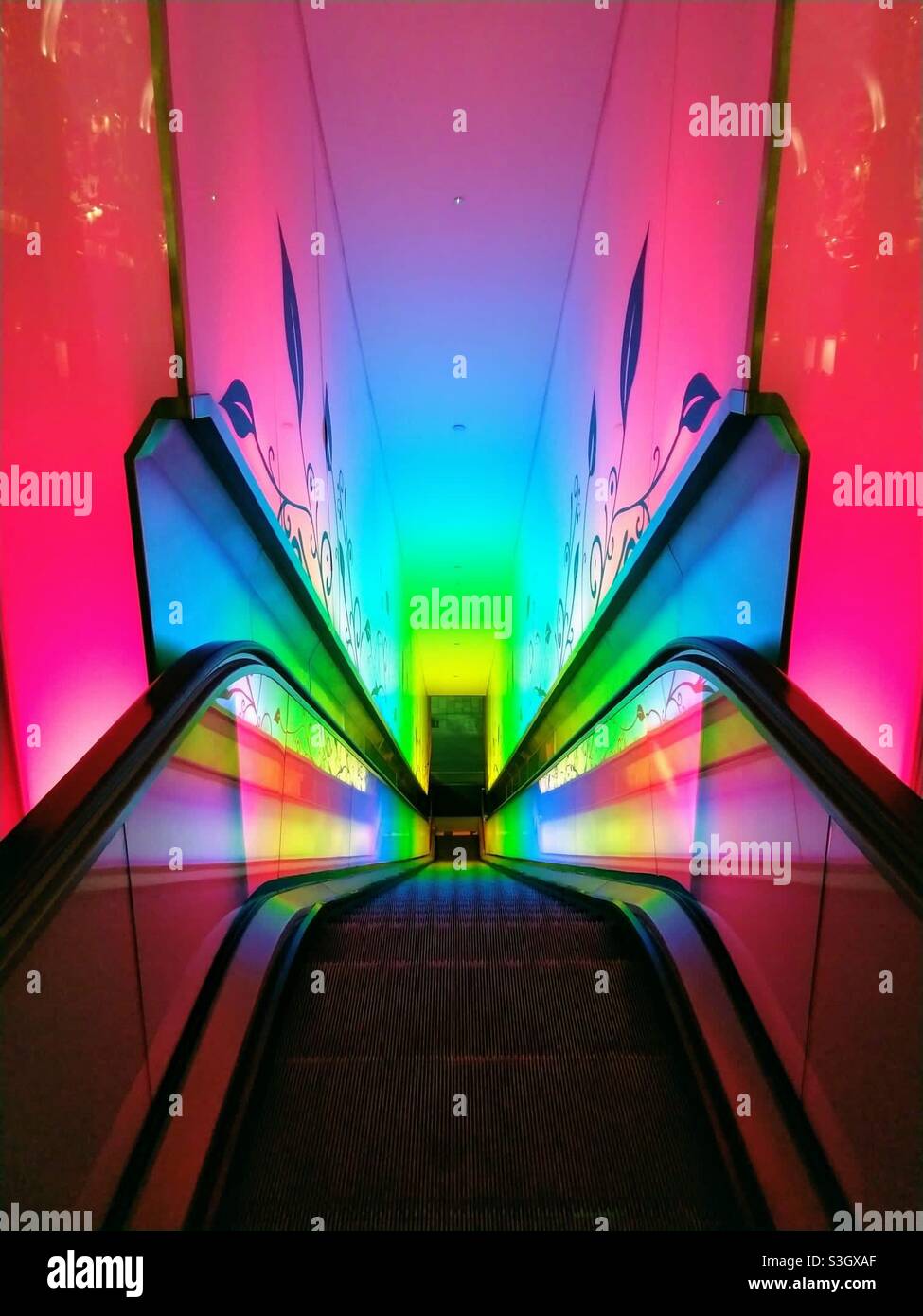 Rainbow Escalator in Glasgow, Scotland Stock Photo