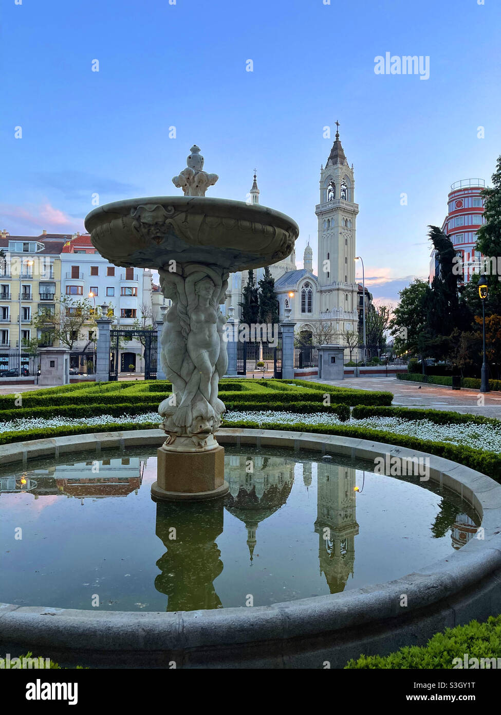 Fountain at dawn. El Retiro park, Madrid, Spain - Smartphone Captured Stock Image