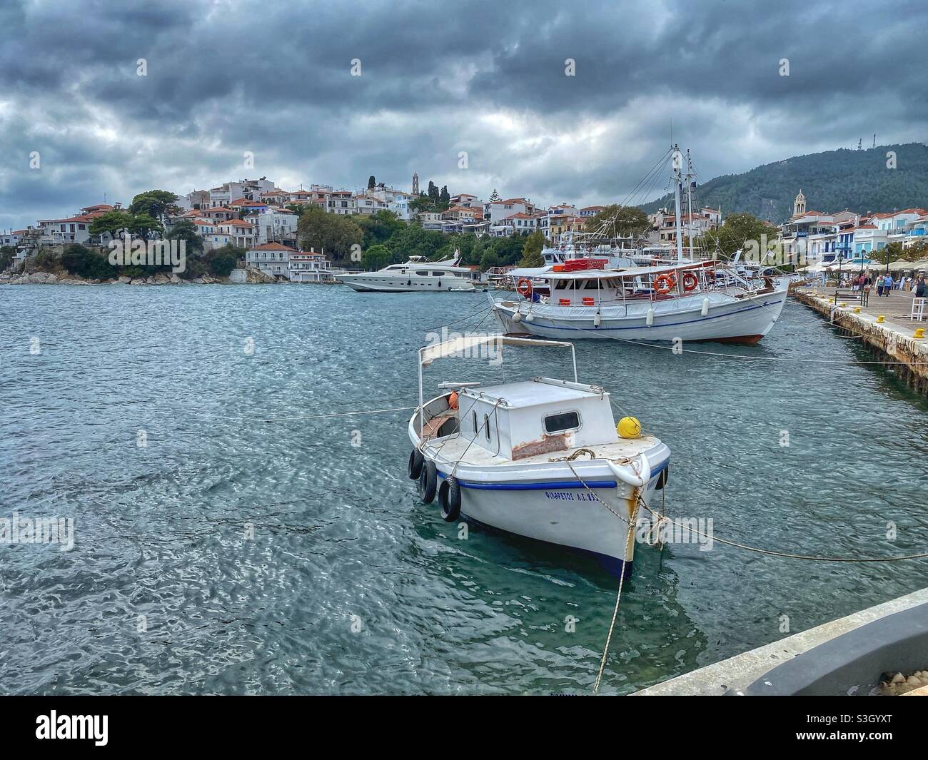 Stormy day in Skiathos town port, Greece. - Smartphone Captured Stock Image