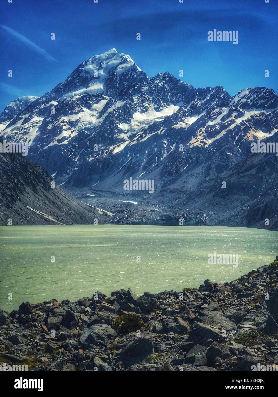 Aoraki Mount Cook, with Hooker Lake in the foreground, Canterbury region, South Island, New Zealand - Smartphone Captured Stock Image