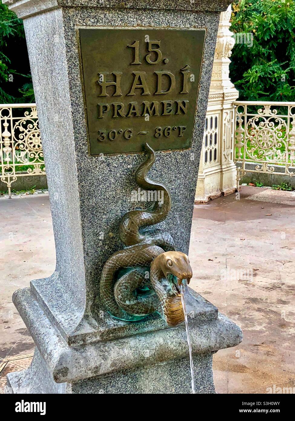 “Snake spring” with hot mineral water in Karlovy Vary, Czech Republic. - Smartphone Captured Stock Image